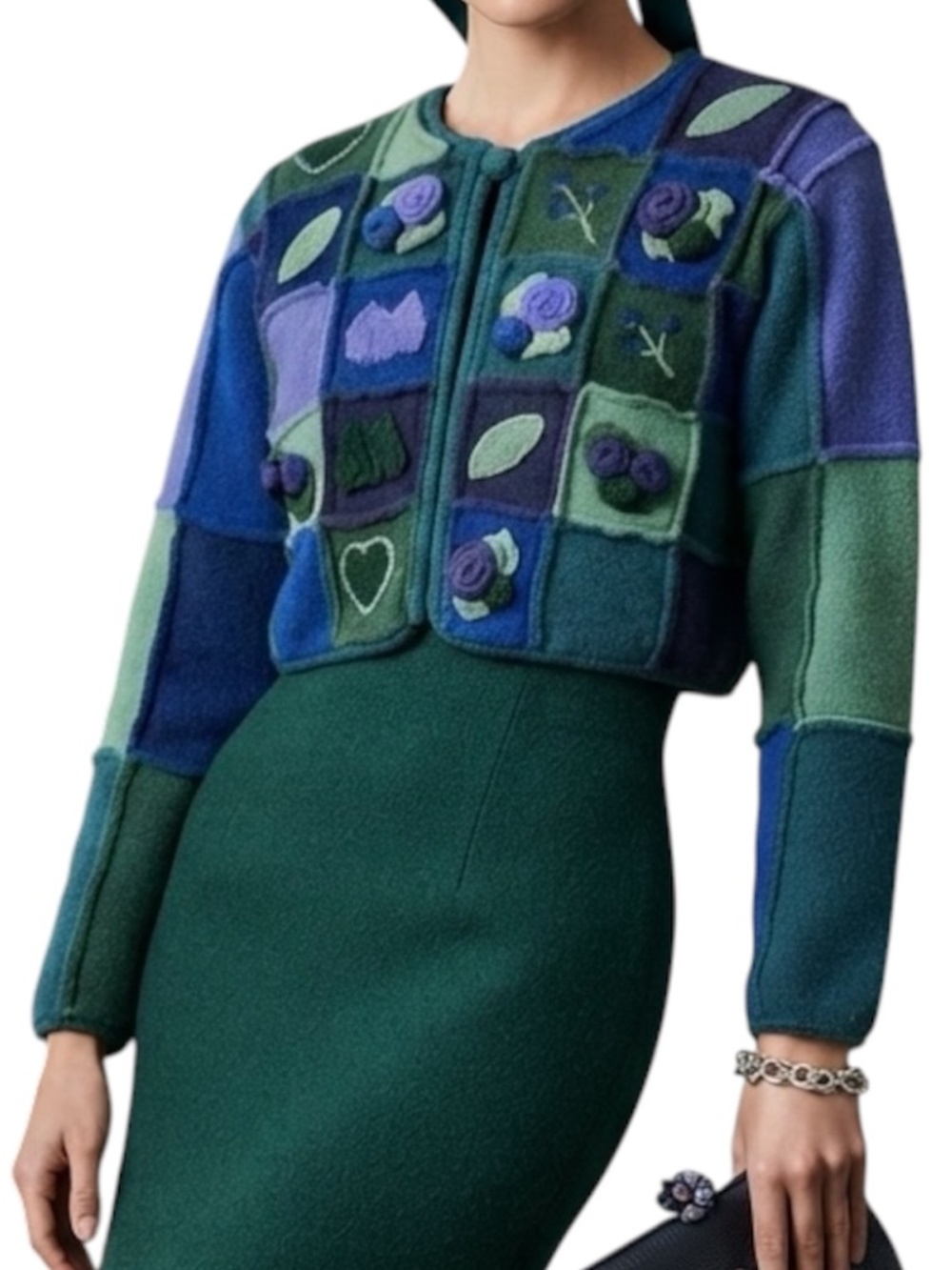 VTG 90s April Cornell 100% wool blue green boho patchwork cardigan sweater S